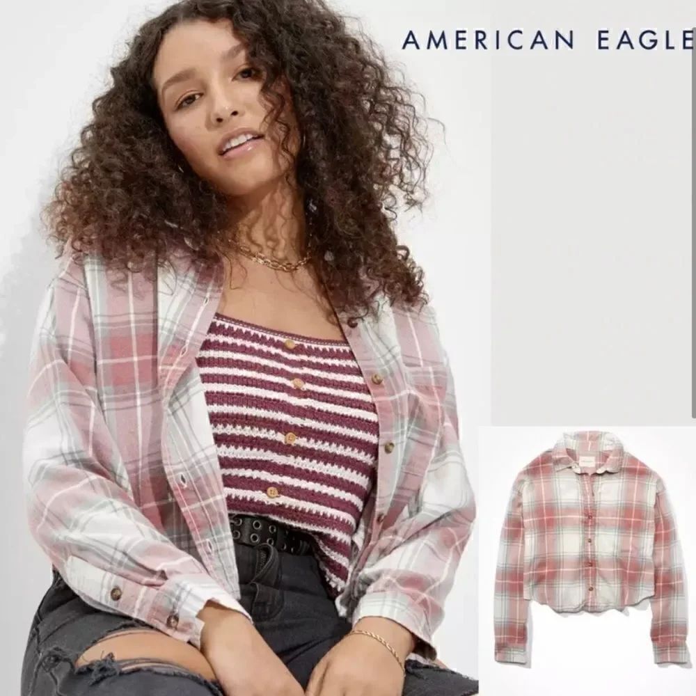 American Eagle Plaid Cropped Button Up Shirt Pink